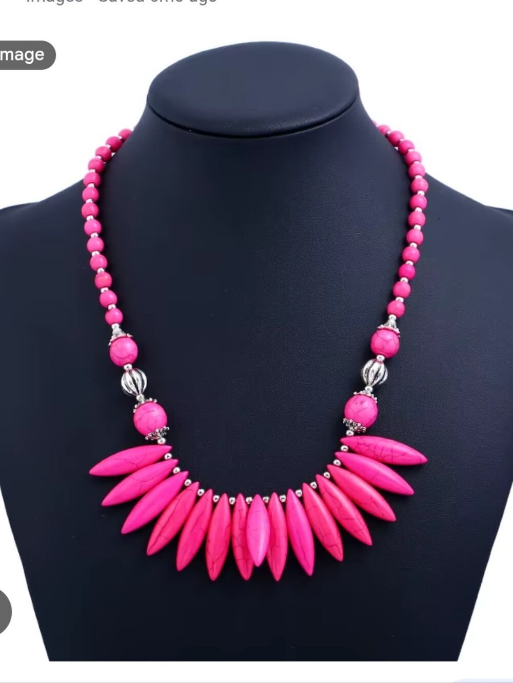 Necklace Pink Malachite Natural Stone Bohemian Style Silvery Tribal Boho Jewelry - Picture 2 of 4
